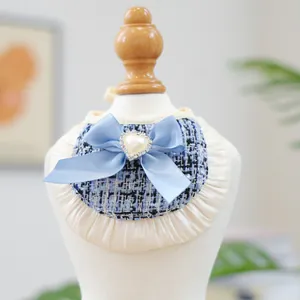 Blue tweed pet bandana with satin bow, heart pearl, rhinestone and ruffled lace