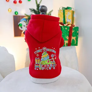 Detail view of cozy red Christmas pet hoodie with festive cartoon tree and gift prints