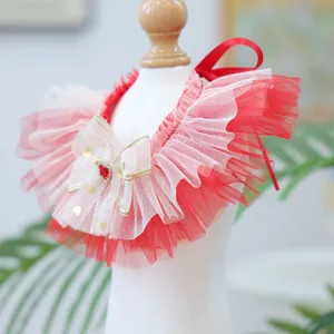 Détail du bavoir pour animaux en dentelle rouge et blanche avec gemme en forme de cœur