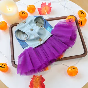 Detail van Halloween-huisdierjurk met spijkerhesje en paarse rok van mesh op dienblad