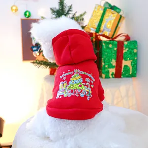 Detailed back view of red Christmas pet hoodie with festive tree print and Merry Christmas text