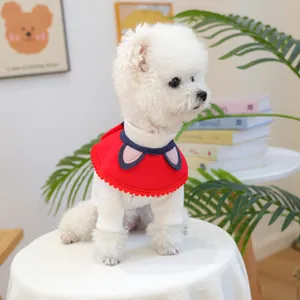 Detail of red pet hooded cape with cute 3D ears and white knitted long-sleeve shirt