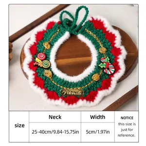 Detailed size chart for handmade festive crochet pet collar with red and green knit patterns
