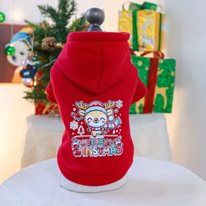 Detail of red Christmas pet hoodie featuring a cartoon reindeer and holiday lettering