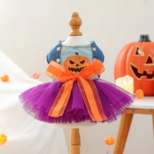 Halloween huisdierjurk met denim top, pompoenborduursel en paarse mesh rok op houten model
