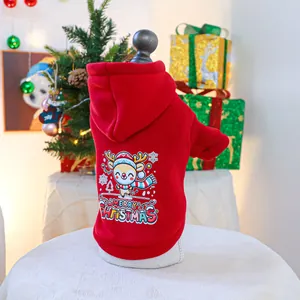 Close-up of red Christmas pet hoodie with cartoon reindeer and Merry Christmas print