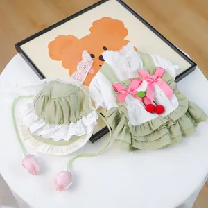 Ensemble Robe Et Chapeau Pour Animaux Décor Cerise Noeud Dentelle Volants Style Pastoral Vêtements Petit Chien Chat Été