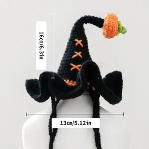 Détails des dimensions d'un chapeau de sorcier tricoté pour chat avec petit potiron