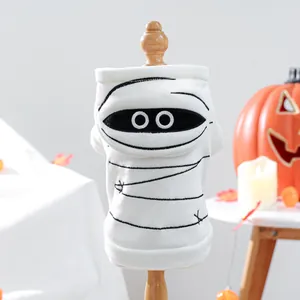 Fleece mummy costume hoodie for cats and small dogs featuring Halloween themed embroidery