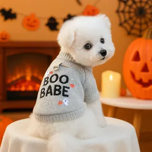 Halloween Pet Dog Cat Knit Sweater Gray Boo Babe Ghost Pumpkin Embroidery Warm Clothes With Metal D-Ring For Festival Party