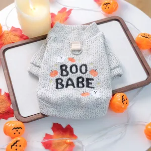 Detail of grey cable knit pet sweater with BOO BABE embroidery and pumpkin ghost patterns