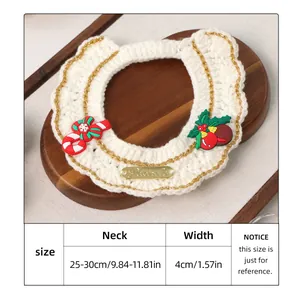 Detailed size guide for handmade crochet pet bib with Christmas candy cane decor