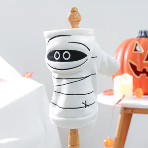 White mummy-themed hooded pet sweater with embroidery and eyes for Halloween decor