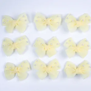 Lot de 9 barrettes nœuds en tulle jaune pâle avec perles pour petits chiens et chats