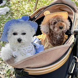Close-up of small dogs in blue and yellow plaid outfits inside a luxury pet stroller