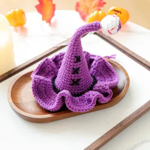 Vue détaillée du chapeau de sorcier violet au crochet avec œil pour animaux de compagnie