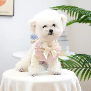 Pink tweed pet lace bib with bow and heart rhinestone for small dogs like Bichon