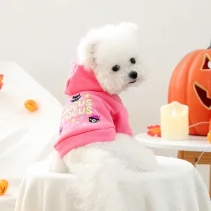 Pink plush pet hoodie with Hocus Pocus embroidery for small dogs in Halloween setting