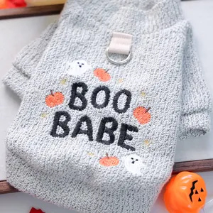 Grey Halloween pet sweater with 'BOO BABE' embroidery and pumpkin ghost patterns