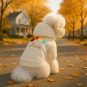 Cream fleece dog hoodie featuring a rainbow heart and Love embroidery for small pets