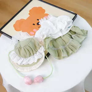 Détail d'une tenue d'été pour animaux avec chemise à volants, jupe verte et chapeau tulipe