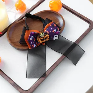 Détail du nœud papillon pour animaux d'Halloween avec citrouille et rubans