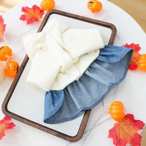 Detail van huisdierjurk met gebreide top en denim plooirok voor herfst en Halloween