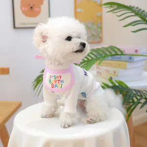 Detail of pet birthday bandana with It's My Birthday embroidery and pink striped trim