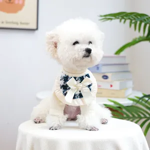 Knitted dog sweater with tweed collar, satin bow and heart rhinestone accessory