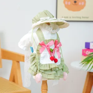 Détails de l'ensemble robe et chapeau pour chien avec nœuds roses et cerises 3D