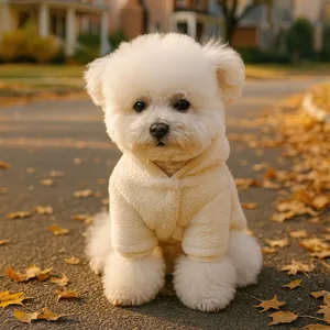 Felpa con cappuccio beige in lana d'agnello per cani piccoli su foglie d'autunno