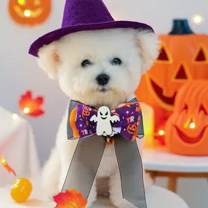 Détail du chapeau de sorcier et nœud papillon avec motif fantôme pour chien à Halloween