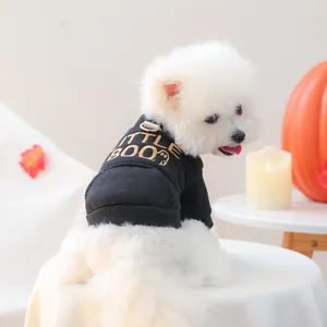 Detail of black pet hoodie with Little Boo ghost print and D-ring for Halloween