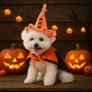 Détails du costume d'Halloween pour animaux avec chapeau de sorcier et cape orange