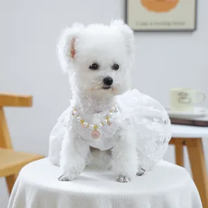 Détail d'une robe pour chien en dentelle blanche et collier perle avec couronne