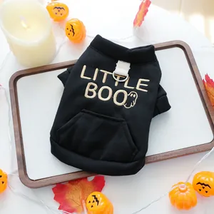 Detail of Little Boo Halloween dog sweatshirt with golden embroidery and leash D-ring