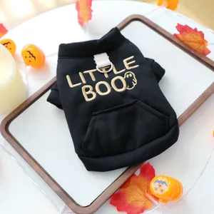 Detail of black pet hoodie with Little Boo embroidery and metal D-ring for Halloween