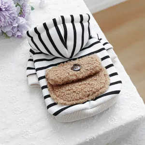 Striped pet hoodie with lamb wool pocket for small dogs and cats, autumn winter apparel