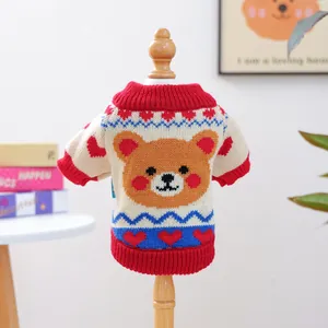 Cozy cream knit pet sweater for small dogs with cartoon bear pattern and red ribbed edges