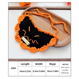 Size chart for handmade Halloween pet bandana featuring ghost embroidery and knit texture