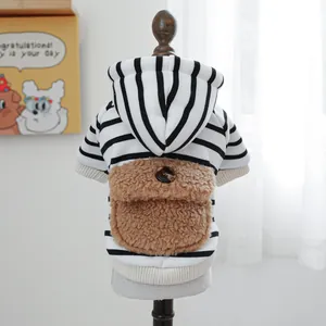 Striped pet hoodie with lamb wool pocket for small dogs and cats in warm autumn style