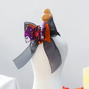 Nœud d'Halloween pour animaux avec motif araignée, clochette orange et ruban noir