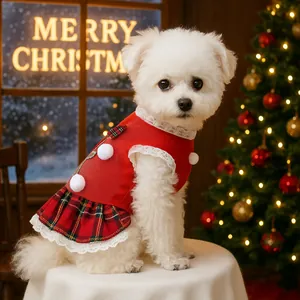Christmas Pet Dress Gingerbread Man Red Plaid Dog Skirt With Lace Edge Cute Puppy Festive Costume For Small Dogs Cats