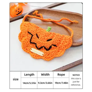 Detailed size chart for handmade crochet Halloween pumpkin pet bib with measurements