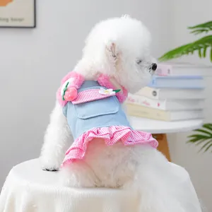 Sweet Pet Dog Dress Denim Pink Gingham Ruffle Skirt With Strawberry Flower Decor Warm Puppy Autumn Winter Small Dogs Cats