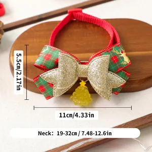 Detail view of adjustable Christmas pet collar with bow size dimensions and tree charm