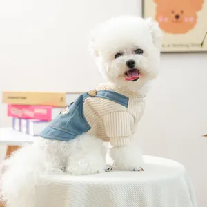 Detail van huisdier herfst-winter outfit met denim tuinbroek op witte Bichon hond