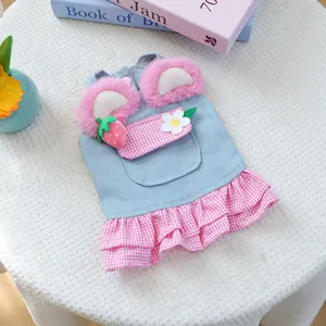 Pink strawberry denim pet dress for small dogs and cats with gingham ruffle hem