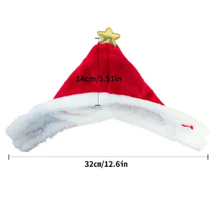 Detail view of pet Christmas hat with star and adjustable velcro strap, size 14x32cm