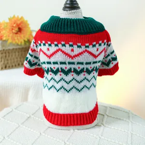 Detail of red and green Fair Isle knit sweater for pets with cozy high neck design